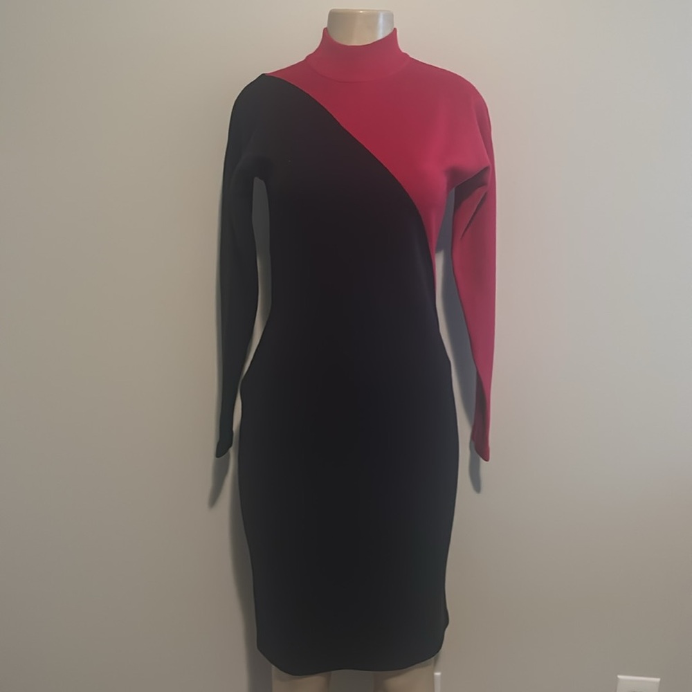 Vintage Wool Blend Long Shift Dress Outlander Mock Neck Colorblock Knit size M - Picture 3 of 7